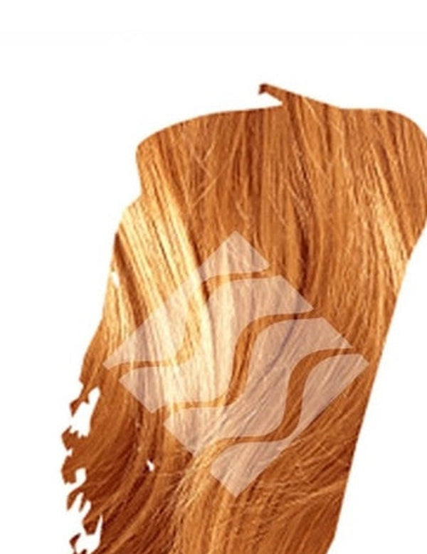 Close-up of strawberry-blonde hair with golden-orange tones for Desert Shadow Strawberry Shadow, cropped into a brushstroke shape with the brand's pale geometric logo overlaid.