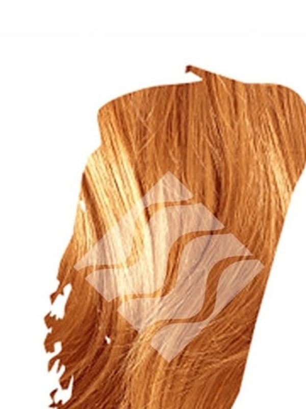 Close-up of strawberry-blonde hair with golden-orange tones for Desert Shadow Strawberry Shadow, cropped into a brushstroke shape with the brand's pale geometric logo overlaid.