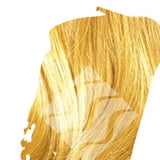 Close-up of warm golden-blonde hair for Desert Shadow Sun Shadow, cropped into an irregular brushstroke shape with the brand's pale geometric logo overlaid.