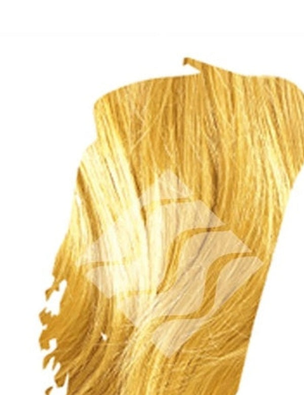 Close-up of warm golden-blonde hair for Desert Shadow Sun Shadow, cropped into an irregular brushstroke shape with the brand's pale geometric logo overlaid.