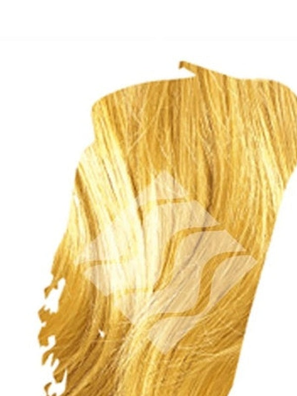 Close-up of warm golden-blonde hair for Desert Shadow Sun Shadow, cropped into an irregular brushstroke shape with the brand's pale geometric logo overlaid.