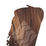 Close-up of medium brown hair with lighter brown highlights for Desert Shadow Walnut Shadow, cropped into a brushstroke shape with the brand's pale geometric logo overlaid.