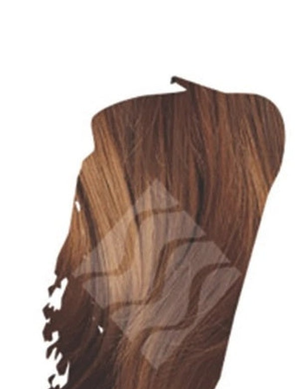 Close-up of medium brown hair with lighter brown highlights for Desert Shadow Walnut Shadow, cropped into a brushstroke shape with the brand's pale geometric logo overlaid.