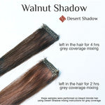 Desert Shadow Organic Hair Colour – official Walnut hair-strand timing and grey-coverage comparison, shade Walnut Shadow, SKU Wal-100