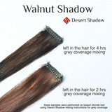 Desert Shadow Organic Hair Colour – official Walnut hair-strand timing and grey-coverage comparison, shade Walnut Shadow, SKU Wal-100