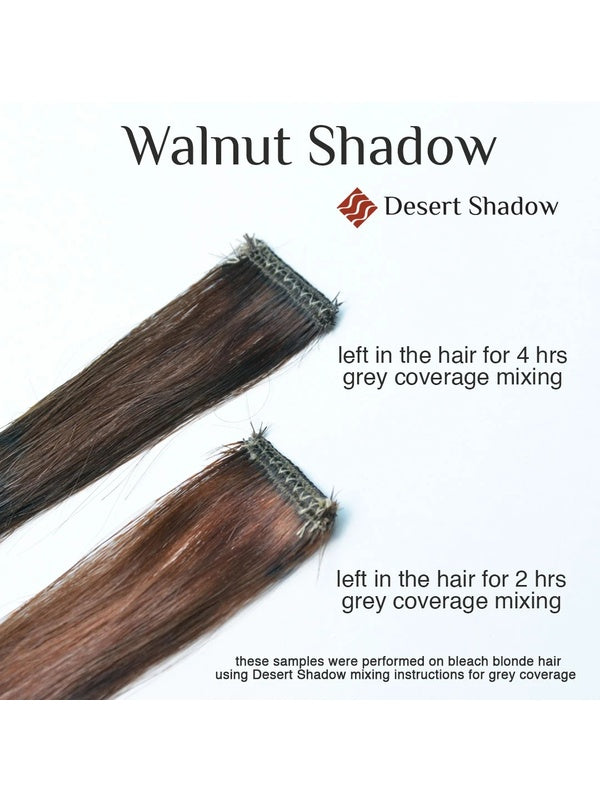 Desert Shadow Organic Hair Colour – official Walnut hair-strand timing and grey-coverage comparison, shade Walnut Shadow, SKU Wal-100