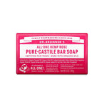 Dr. Bronner's Pure-Castile Bar Soap Rose 140g is a pink and white organic bar soap made with fair trade ingredients and organic oils.