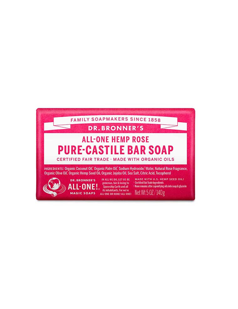 Dr. Bronner's Pure-Castile Bar Soap Rose 140g is a pink and white organic bar soap made with fair trade ingredients and organic oils.