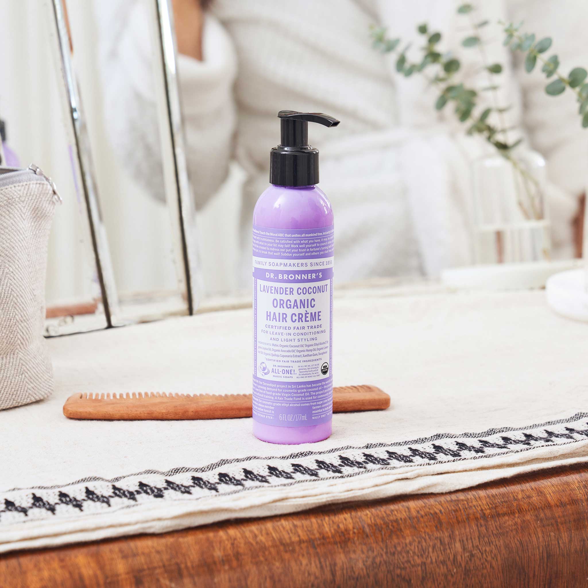 Dr. Bronner's Lavender Coconut Organic Hair Creme in a bathroom setting