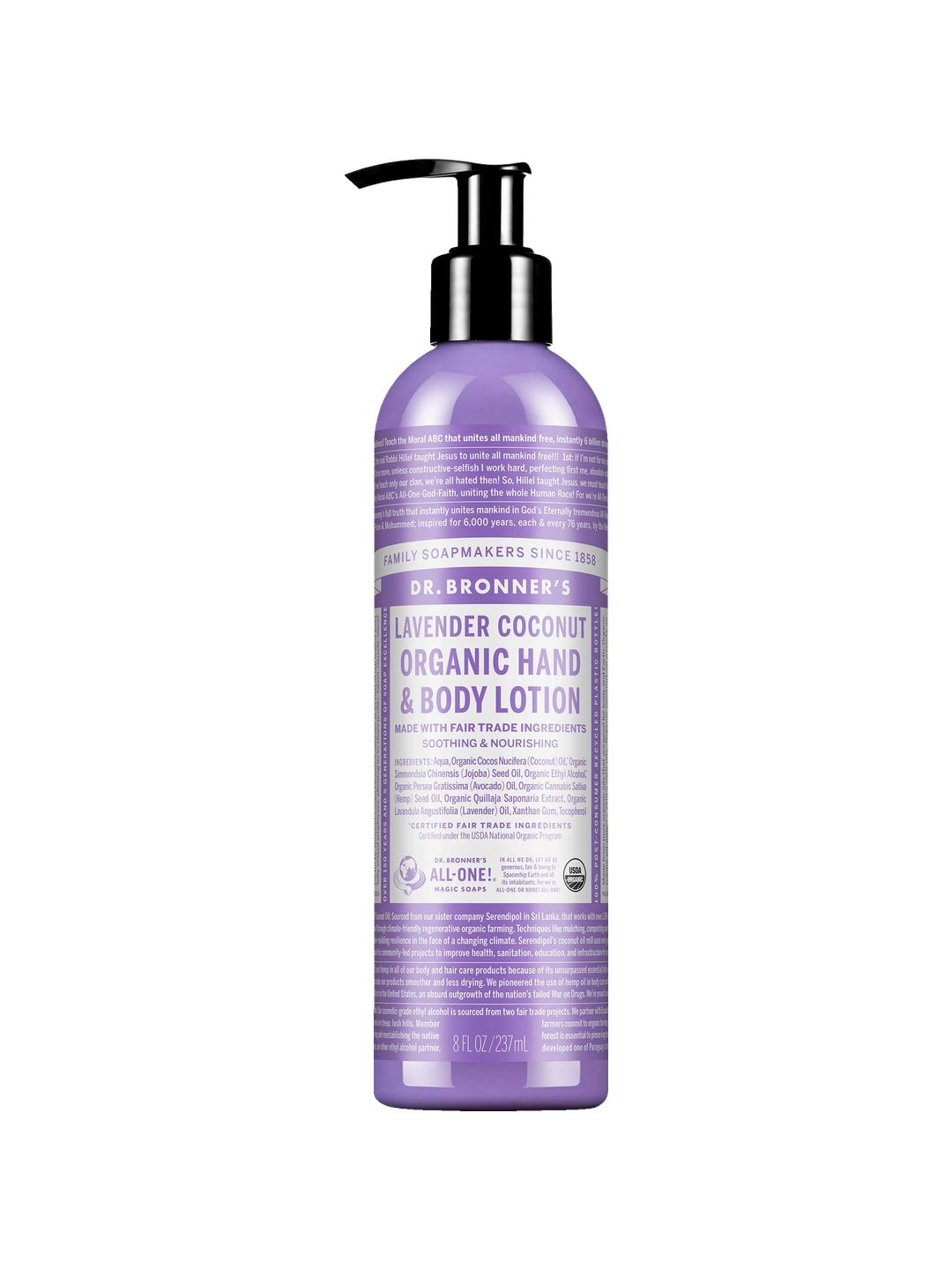 Dr. Bronner's Lavender Coconut Organic Hand & Body Lotion 237ml in a purple bottle with a black pump and white printed label, shown front-facing and centred on a plain white background.