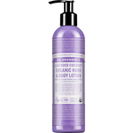 Dr. Bronner's Lavender Coconut Organic Hand & Body Lotion 237ml in a purple bottle with a black pump and white printed label, shown front-facing and centred on a plain white background.