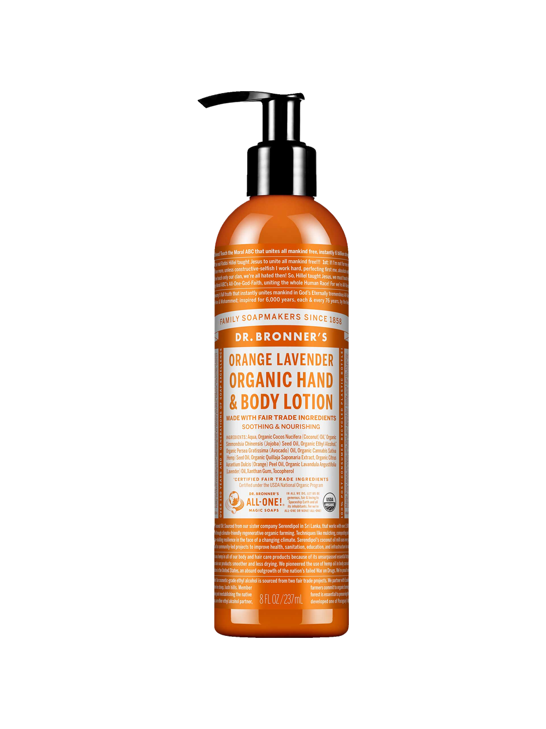 Dr. Bronner's Orange Lavender Organic Hand & Body Lotion 237ml in a orange bottle with a black pump and white printed label, shown front-facing and centred on a plain white background.