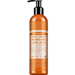Dr. Bronner's Orange Lavender Organic Hand & Body Lotion 237ml in a orange bottle with a black pump and white printed label, shown front-facing and centred on a plain white background.