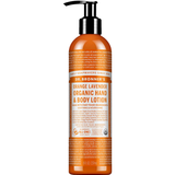 Dr. Bronner's Orange Lavender Organic Hand & Body Lotion 237ml in a orange bottle with a black pump and white printed label, shown front-facing and centred on a plain white background.