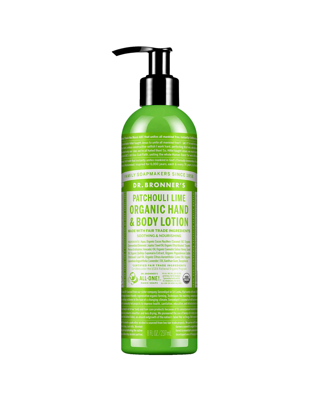 Dr. Bronner's Patchouli Lime Organic Hand & Body Lotion 237ml in a green bottle with a black pump and white printed label, shown front-facing and centred on a plain white background.