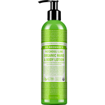 Dr. Bronner's Patchouli Lime Organic Hand & Body Lotion 237ml in a green bottle with a black pump and white printed label, shown front-facing and centred on a plain white background.