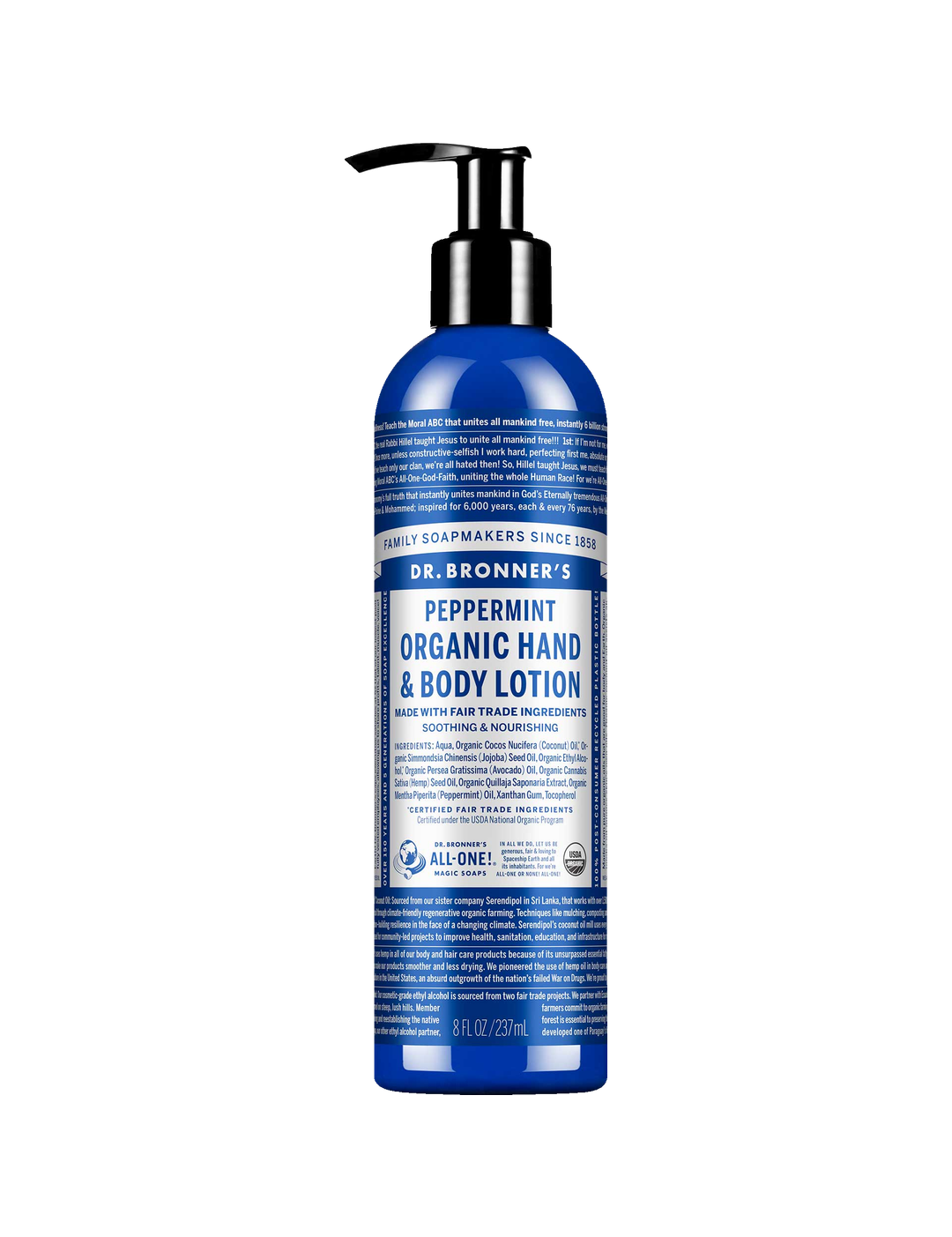 Dr. Bronner's Peppermint Organic Hand & Body Lotion 237ml in a dark blue bottle with a black pump and white printed label, shown front-facing and centred on a plain white background.