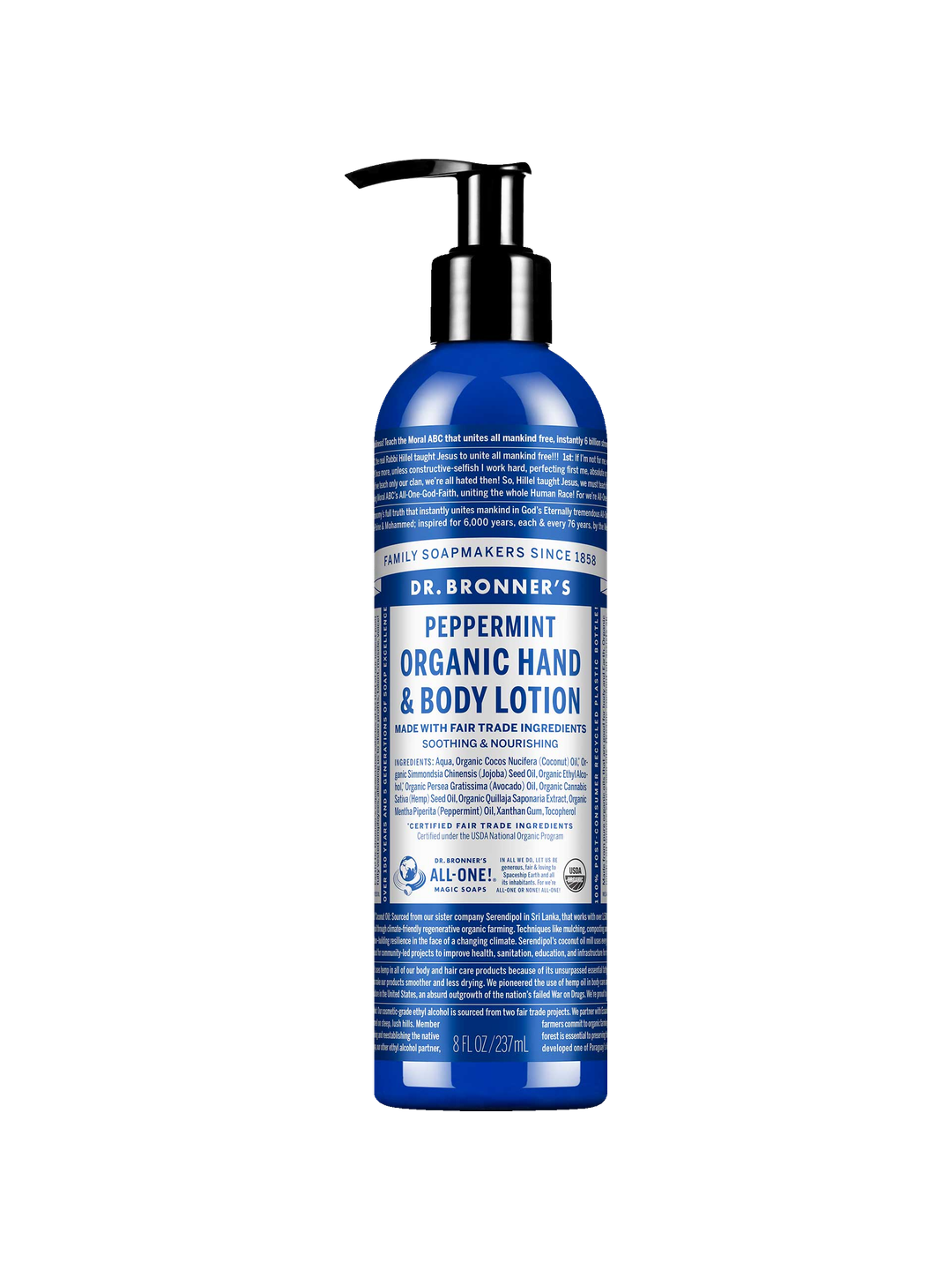 Dr. Bronner's Peppermint Organic Hand & Body Lotion 237ml in a dark blue bottle with a black pump and white printed label, shown front-facing and centred on a plain white background.
