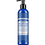 Dr. Bronner's Peppermint Organic Hand & Body Lotion 237ml in a dark blue bottle with a black pump and white printed label, shown front-facing and centred on a plain white background.