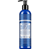 Dr. Bronner's Peppermint Organic Hand & Body Lotion 237ml in a dark blue bottle with a black pump and white printed label, shown front-facing and centred on a plain white background.