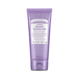 A purple tube of Dr. Bronner's Organic Shaving Soap - Lavender stands upright against a white background, displaying white product details on the front.
