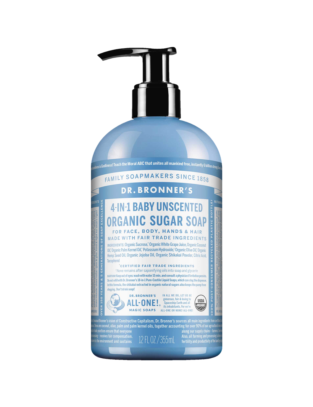 Dr. Bronner's Baby Unscented Organic Sugar Pump Soap 355ml in a light blue bottle with a black pump and white printed label, shown front-facing and centred on a plain white background.