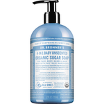 Dr. Bronner's Baby Unscented Organic Sugar Pump Soap 355ml in a light blue bottle with a black pump and white printed label, shown front-facing and centred on a plain white background.