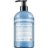 Dr. Bronner's Baby Unscented Organic Sugar Pump Soap 355ml in a light blue bottle with a black pump and white printed label, shown front-facing and centred on a plain white background.