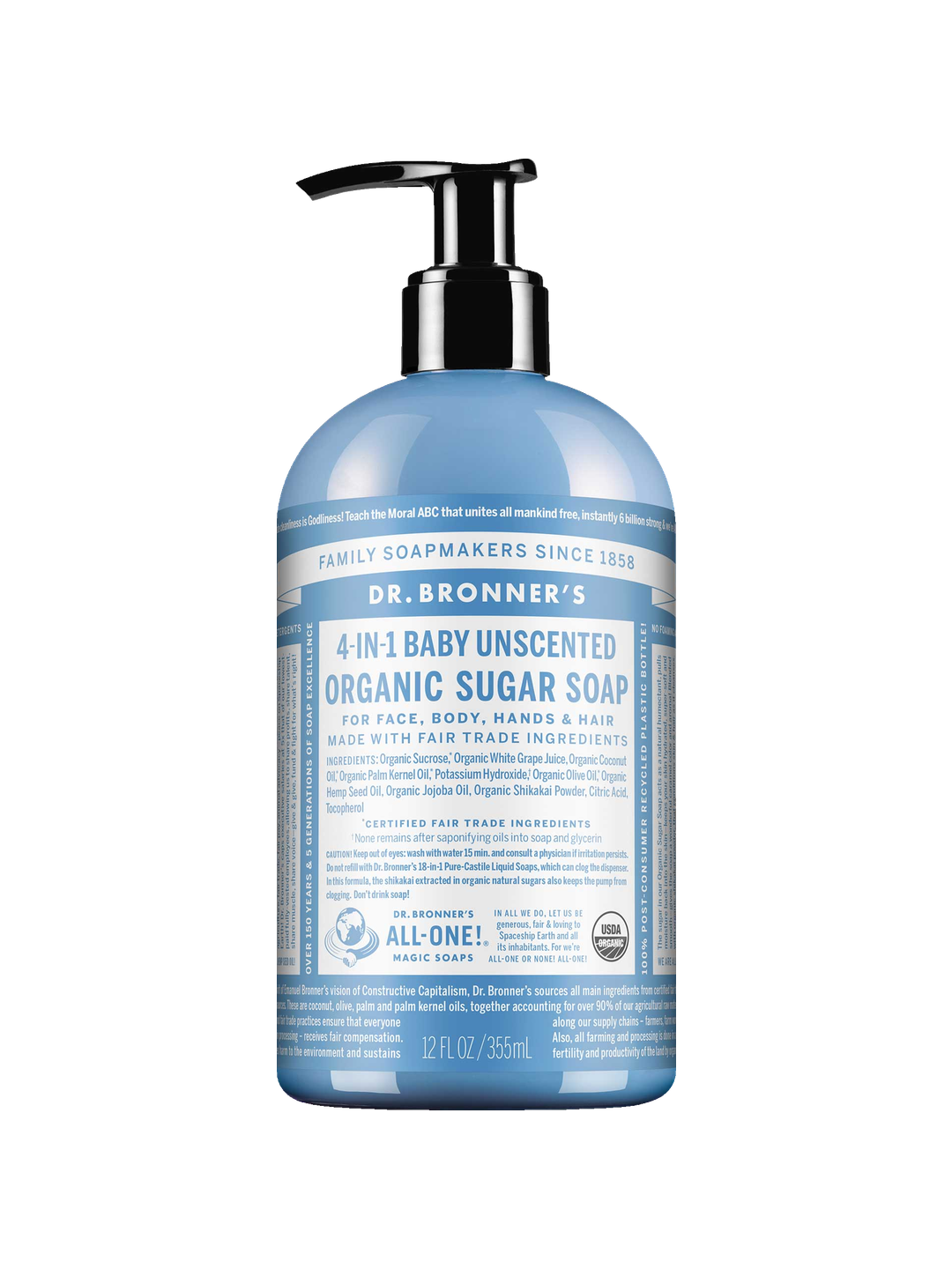 Dr. Bronner's Baby Unscented Organic Sugar Pump Soap 355ml in a light blue bottle with a black pump and white printed label, shown front-facing and centred on a plain white background.