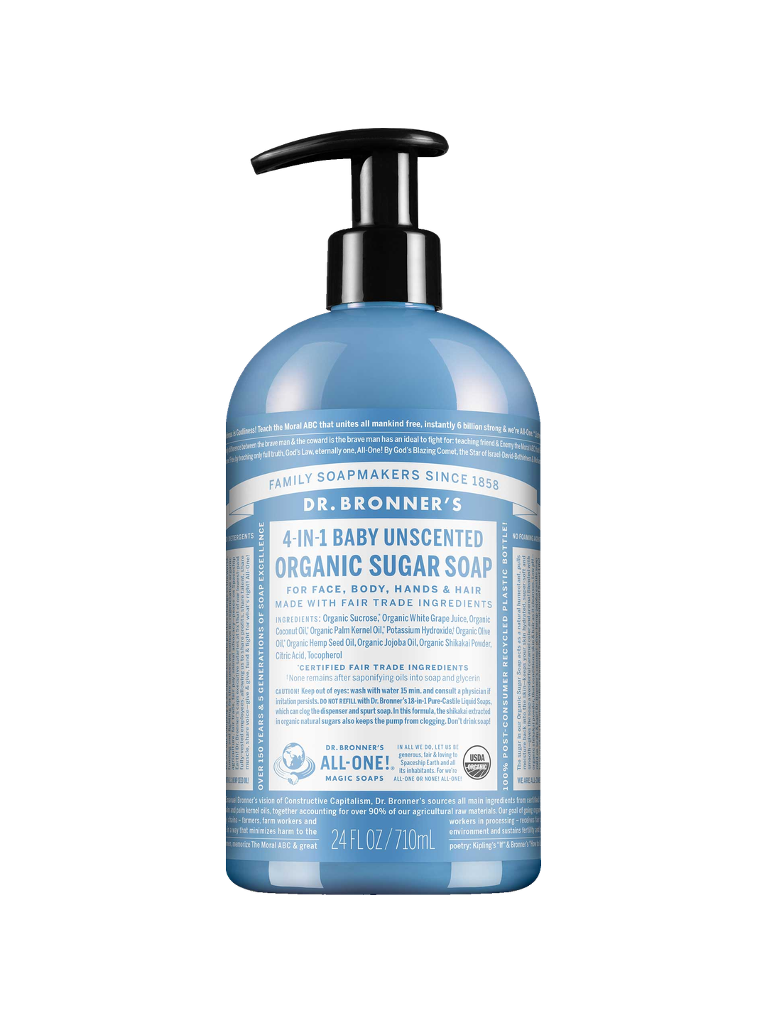 Dr. Bronner's Baby Unscented Organic Sugar Pump Soap 710ml in a light blue bottle with a black pump and white printed label, shown front-facing and centred on a plain white background.