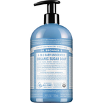 Dr. Bronner's Baby Unscented Organic Sugar Pump Soap 710ml in a light blue bottle with a black pump and white printed label, shown front-facing and centred on a plain white background.