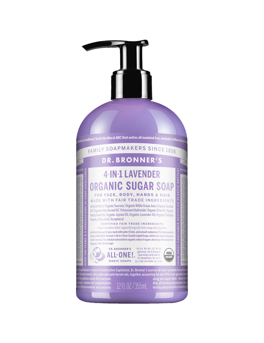 Dr. Bronner's Lavender Organic Sugar Pump Soap 355ml in a purple bottle with a black pump and white printed label, shown front-facing and centred on a plain white background.