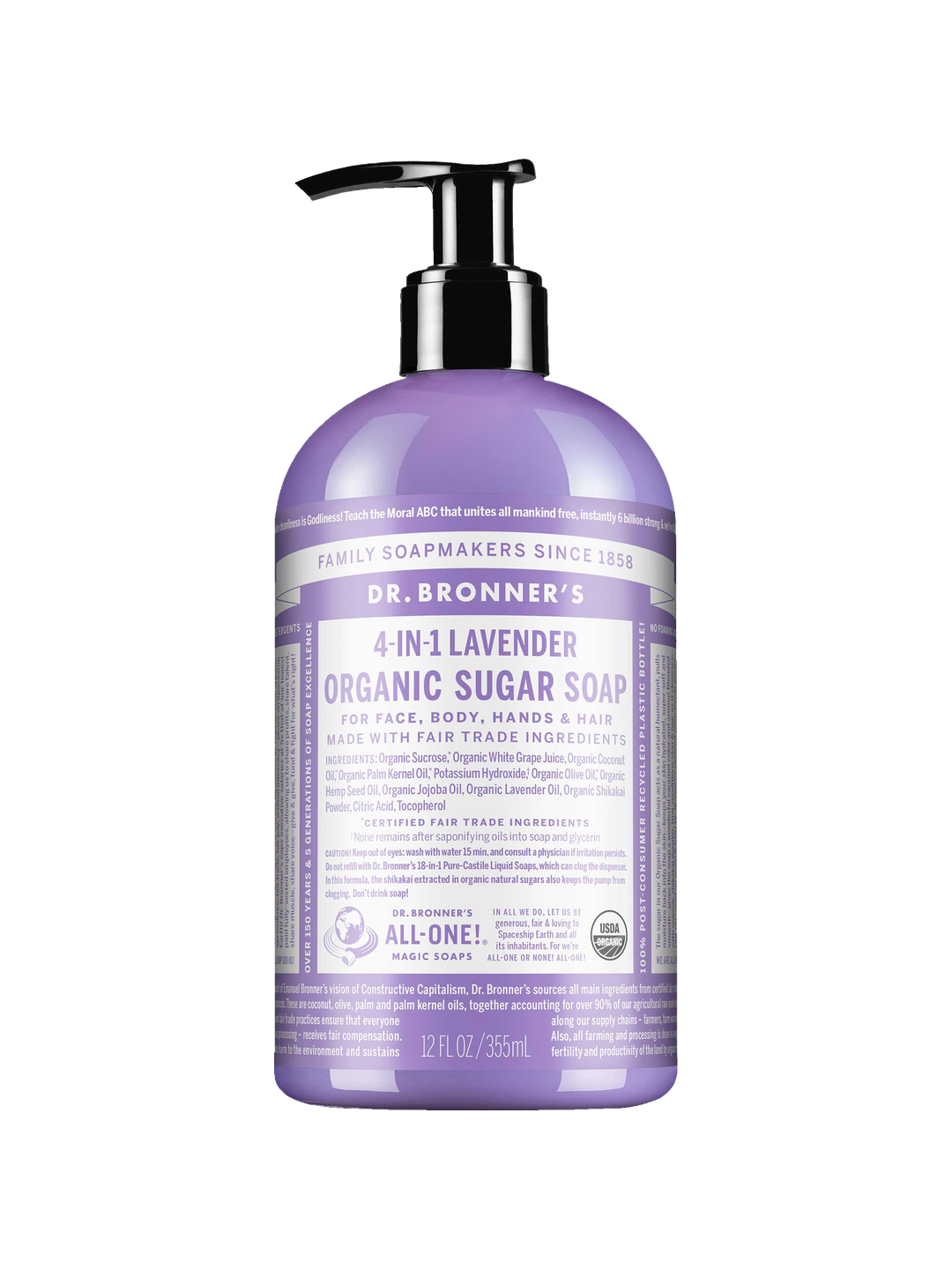Dr. Bronner's Lavender Organic Sugar Pump Soap 355ml in a purple bottle with a black pump and white printed label, shown front-facing and centred on a plain white background.