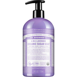 Dr. Bronner's Lavender Organic Sugar Pump Soap 710ml in a purple bottle with a black pump and white printed label, shown front-facing and centred on a plain white background.