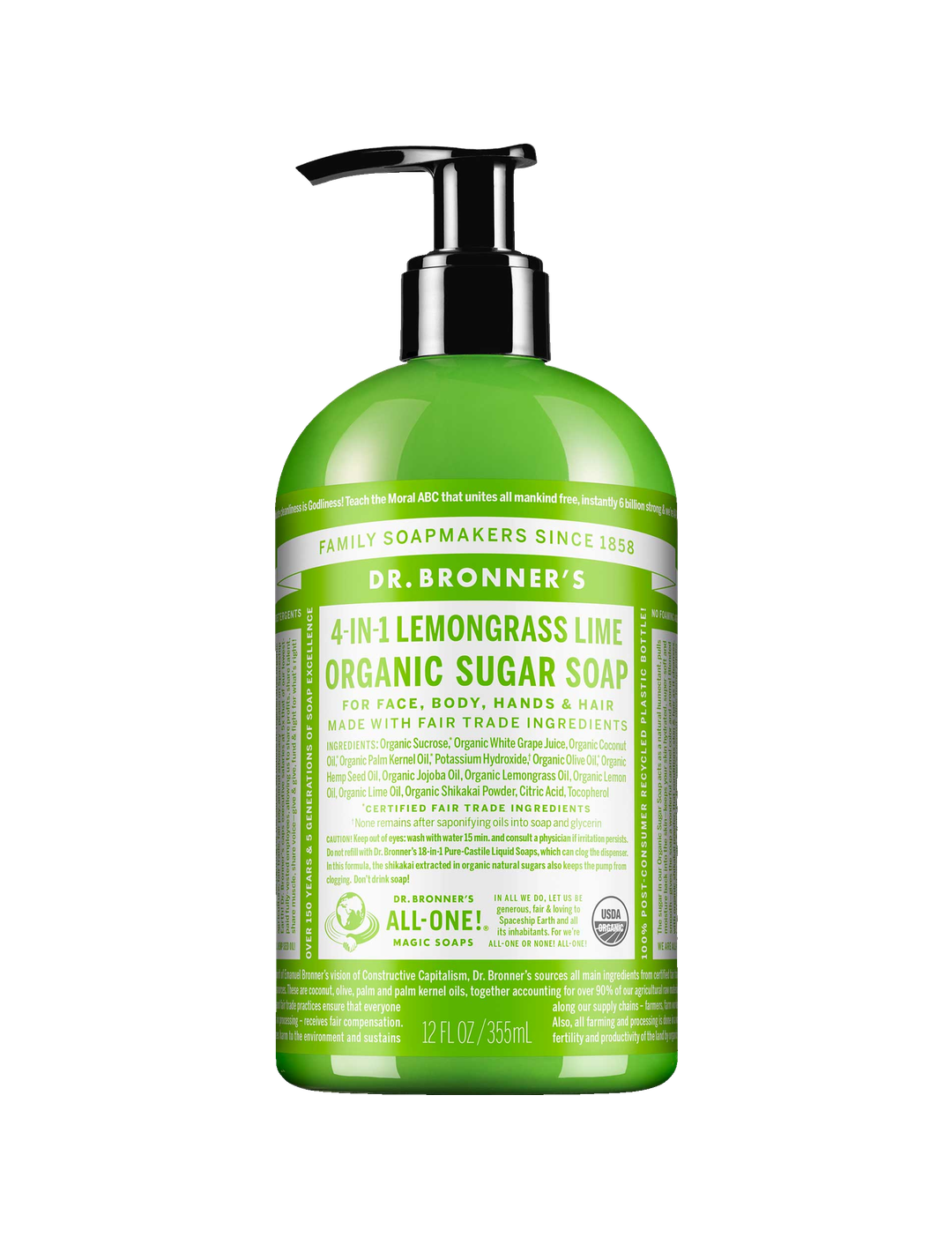 Dr. Bronner's Lemongrass Lime Organic Sugar Pump Soap 355ml in a green bottle with a black pump and white printed label, shown front-facing and centred on a plain white background.