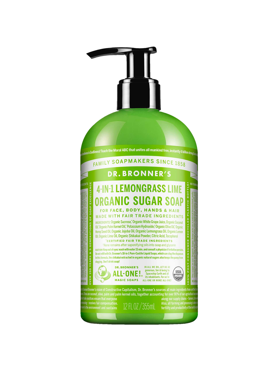 Dr. Bronner's Lemongrass Lime Organic Sugar Pump Soap 355ml in a green bottle with a black pump and white printed label, shown front-facing and centred on a plain white background.