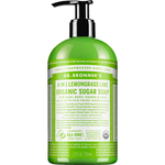 Dr. Bronner's Lemongrass Lime Organic Sugar Pump Soap 355ml in a green bottle with a black pump and white printed label, shown front-facing and centred on a plain white background.