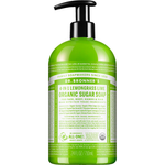 Dr. Bronner's Lemongrass Lime Organic Sugar Pump Soap 710ml in a green bottle with a black pump and white printed label, shown front-facing and centred on a plain white background.