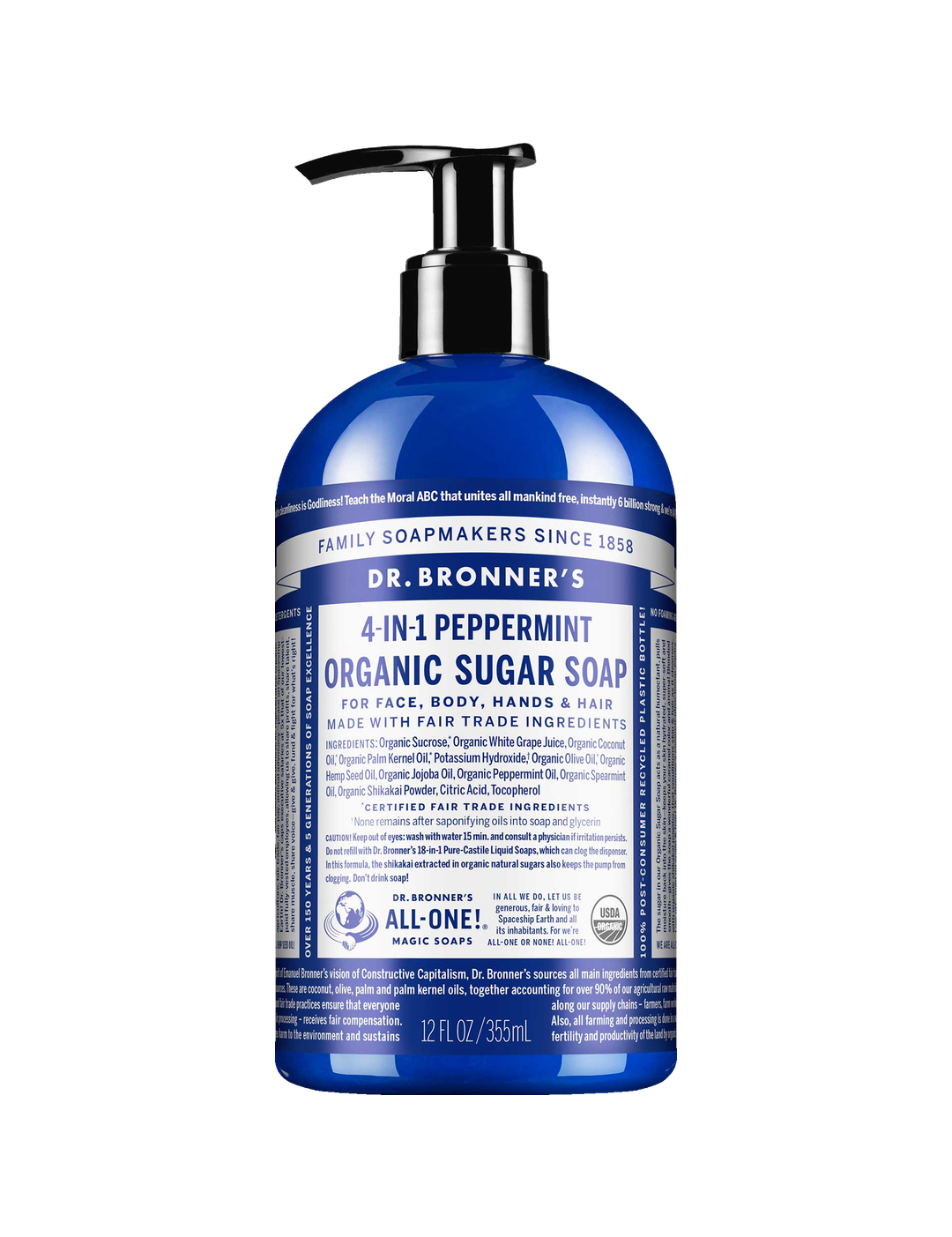 Dr. Bronner's Peppermint Organic Sugar Pump Soap 355ml in a dark blue bottle with a black pump and white printed label, shown front-facing and centred on a plain white background.