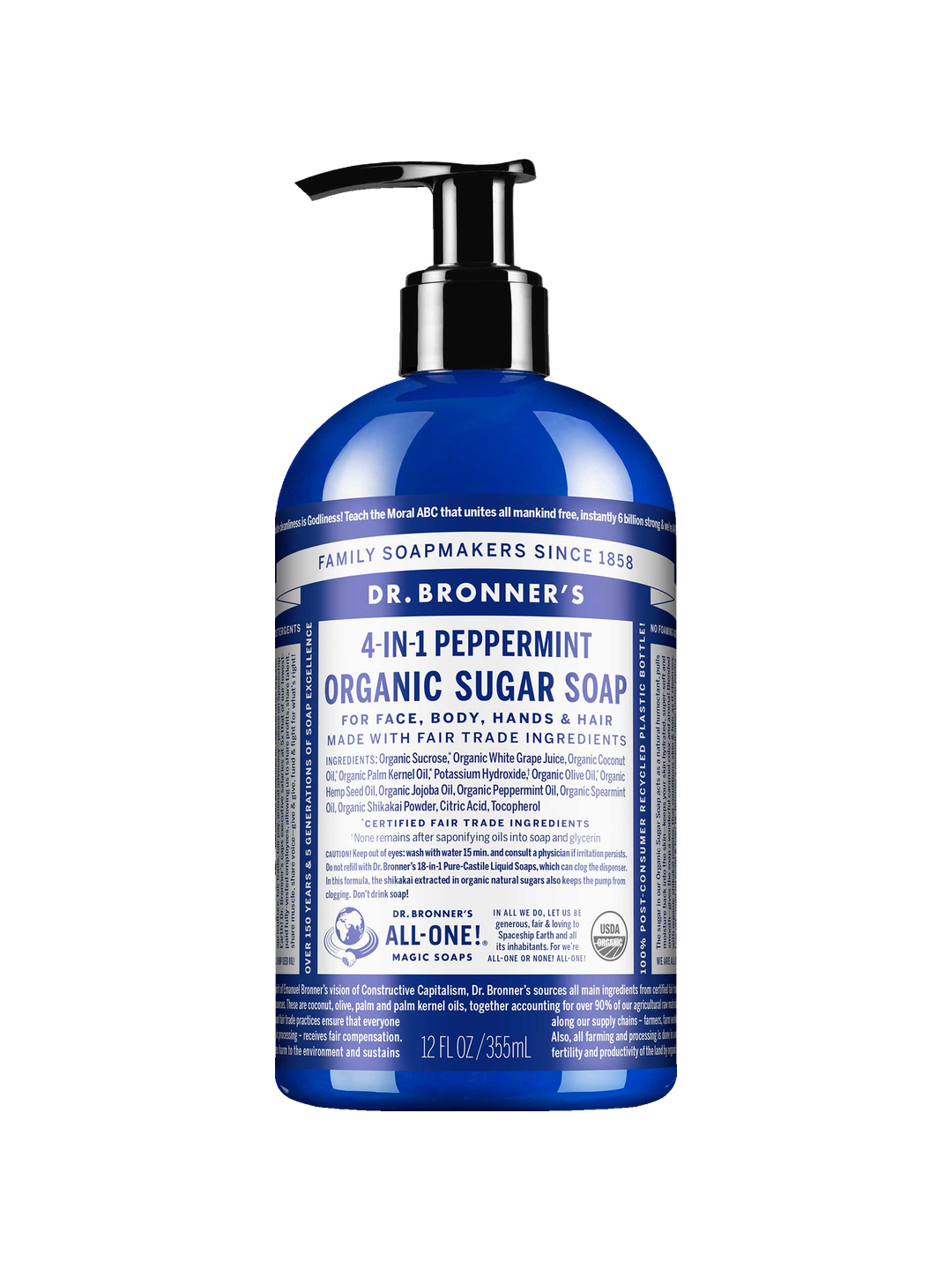 Dr. Bronner's Peppermint Organic Sugar Pump Soap 355ml in a dark blue bottle with a black pump and white printed label, shown front-facing and centred on a plain white background.