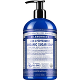 Dr. Bronner's Peppermint Organic Sugar Pump Soap 355ml in a dark blue bottle with a black pump and white printed label, shown front-facing and centred on a plain white background.