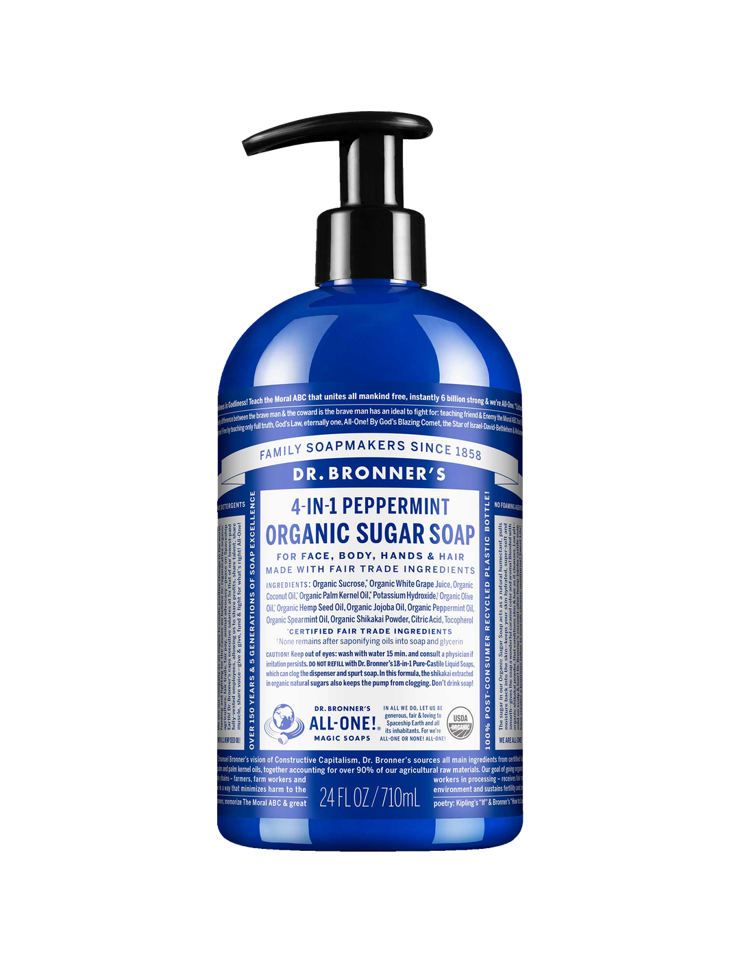 Dr. Bronner's Peppermint Organic Sugar Pump Soap 710ml in a dark blue bottle with a black pump and white printed label, shown front-facing and centred on a plain white background.