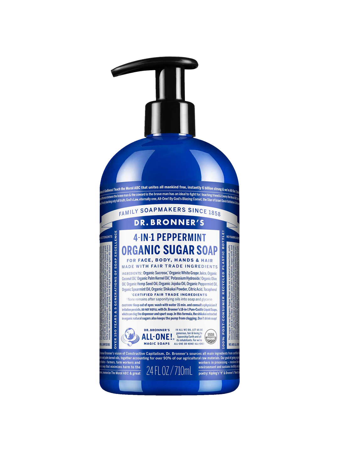 Dr. Bronner's Peppermint Organic Sugar Pump Soap 710ml in a dark blue bottle with a black pump and white printed label, shown front-facing and centred on a plain white background.