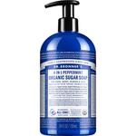 Dr. Bronner's Peppermint Organic Sugar Pump Soap 710ml in a dark blue bottle with a black pump and white printed label, shown front-facing and centred on a plain white background.