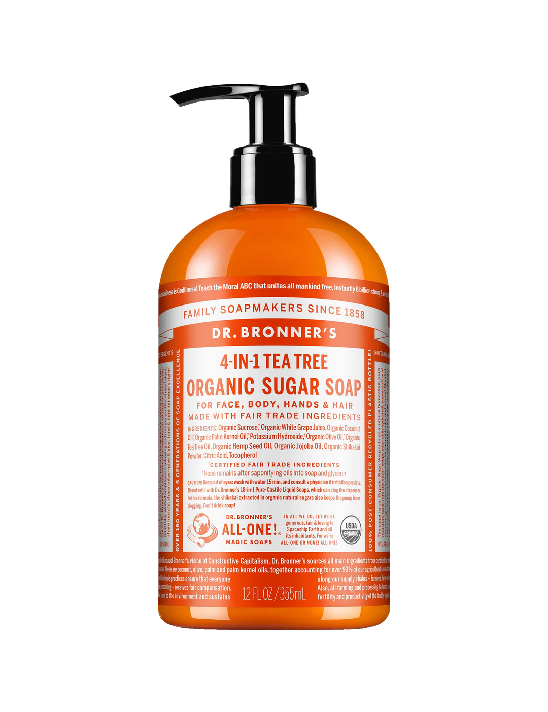 Dr. Bronner's Tea Tree Organic Sugar Pump Soap 355ml in a orange bottle with a black pump and white printed label, shown front-facing and centred on a plain white background.
