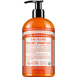 Dr. Bronner's Tea Tree Organic Sugar Pump Soap 355ml in a orange bottle with a black pump and white printed label, shown front-facing and centred on a plain white background.