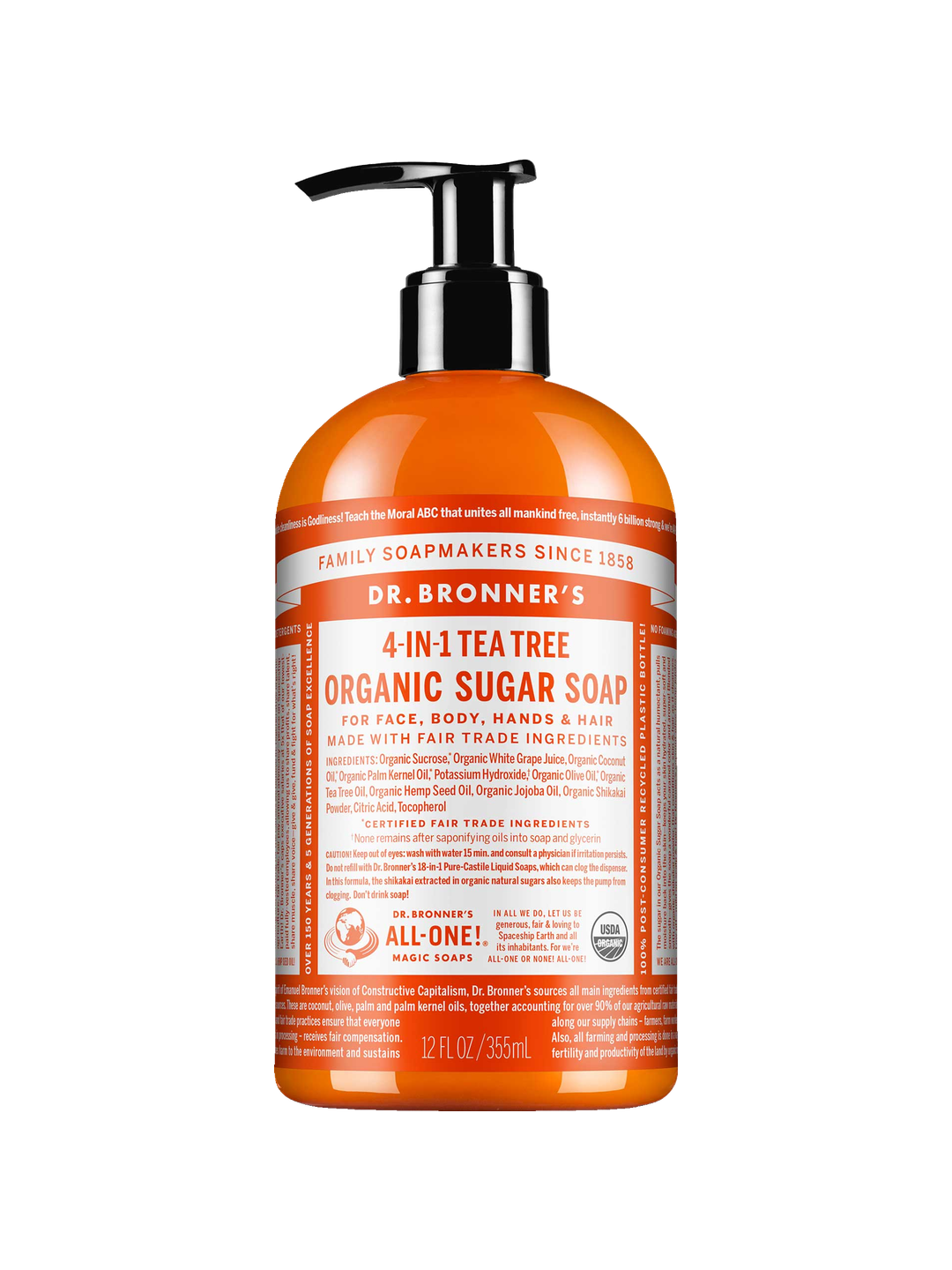 Dr. Bronner's Tea Tree Organic Sugar Pump Soap 355ml in a orange bottle with a black pump and white printed label, shown front-facing and centred on a plain white background.
