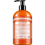 Dr. Bronner's Tea Tree Organic Sugar Pump Soap 355ml in a orange bottle with a black pump and white printed label, shown front-facing and centred on a plain white background.