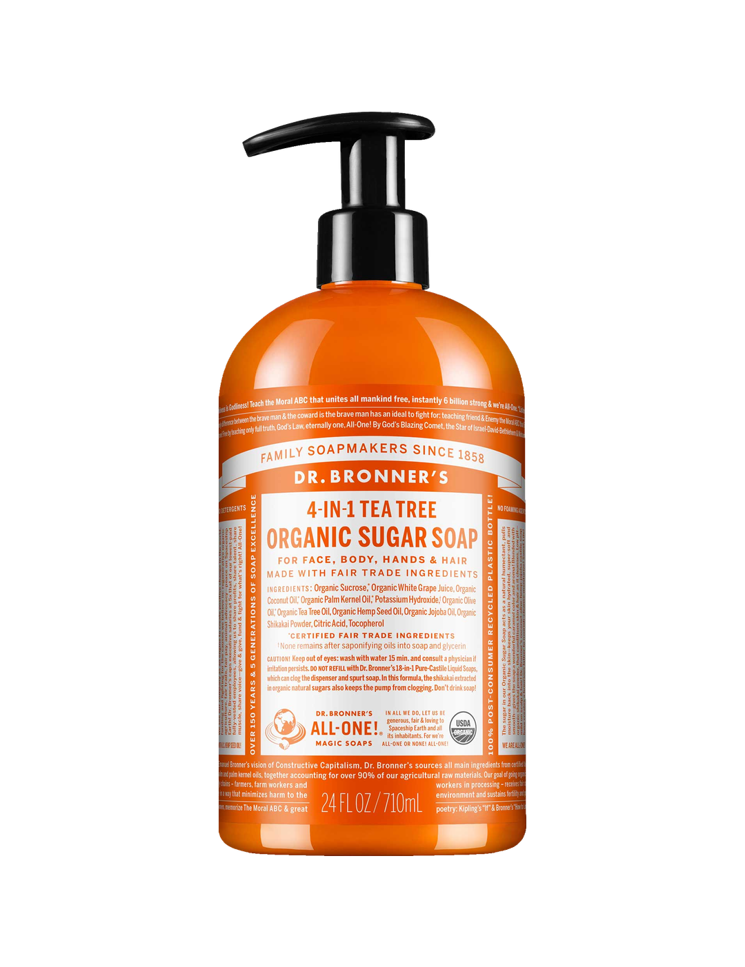 Dr. Bronner's Tea Tree Organic Sugar Pump Soap 710ml in a orange bottle with a black pump and white printed label, shown front-facing and centred on a plain white background.