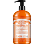 Dr. Bronner's Tea Tree Organic Sugar Pump Soap 710ml in a orange bottle with a black pump and white printed label, shown front-facing and centred on a plain white background.